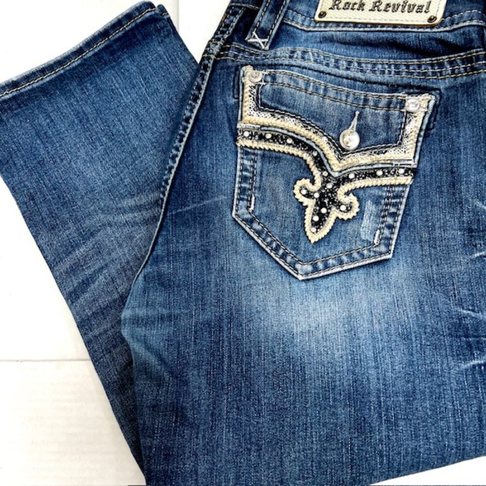 Blue Vintage Betty Rock Revival Cropped Women’s Denim Jean 30 fit 34"x24" (22)